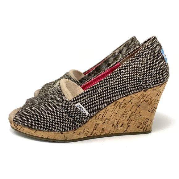 Toms Toe Peep Wedges Classics Metallic Tweed Sz 7 - Picture 6 of 8